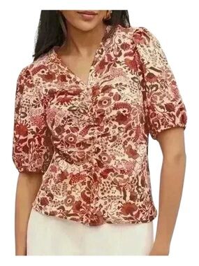 NWT Sam Edelman Dakota Cream and Red Floral Ruched Puff Sleeve Blouse Sz M